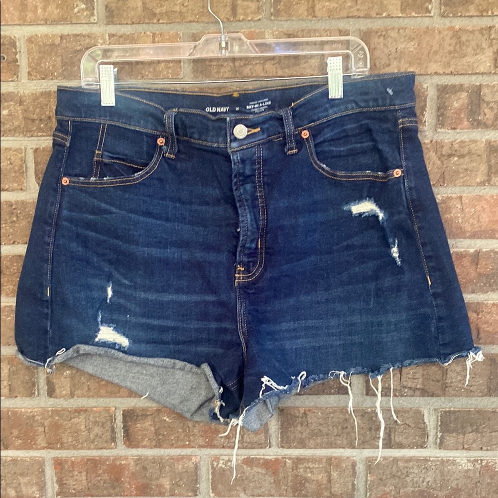 Old Navy Sky High A-Line Women's Dark Blue Distressed Jean Shorts